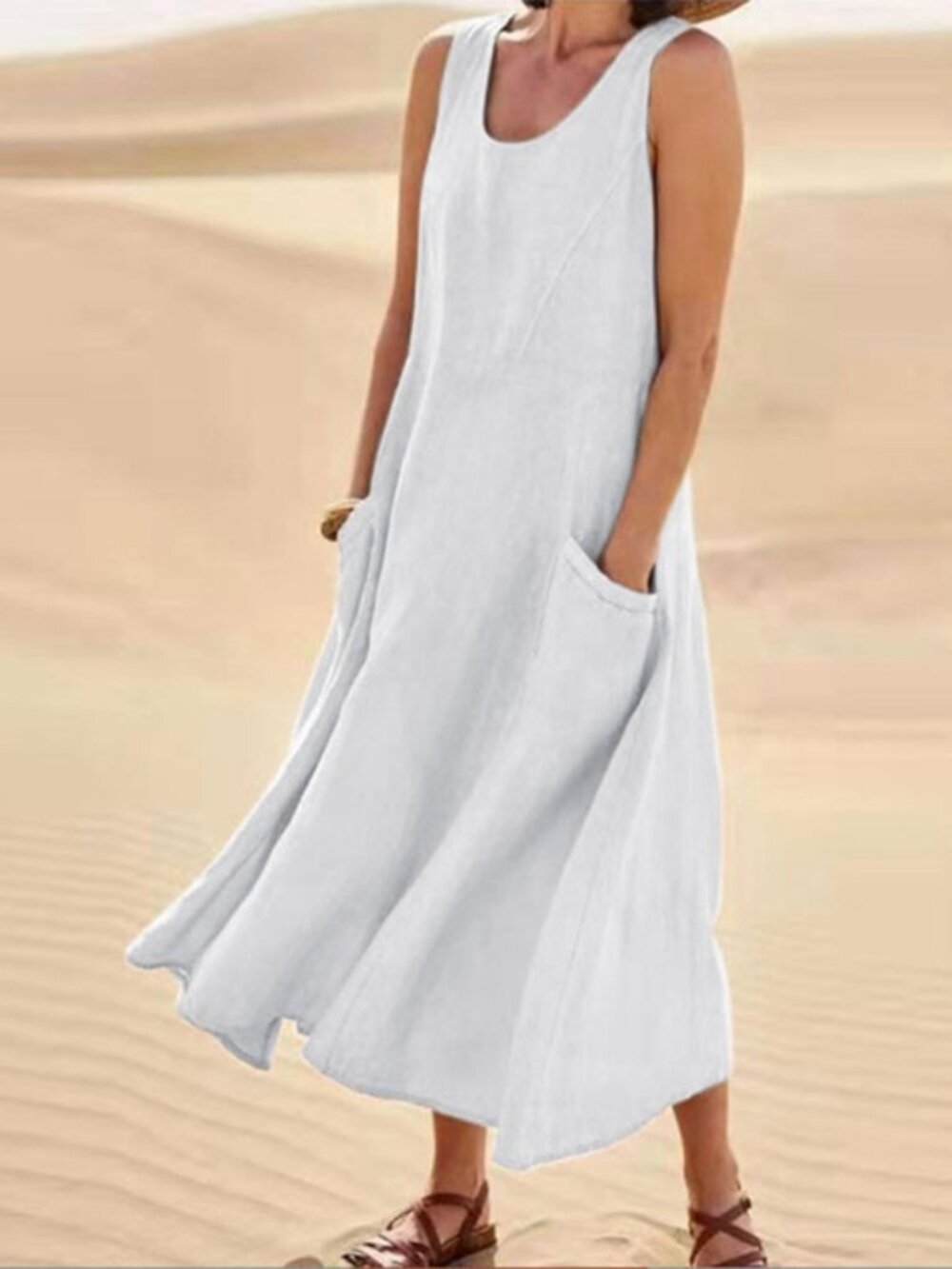 Women’s White Sleeveless A-Line Maxi Dress with Pockets – Casual Loose Fit